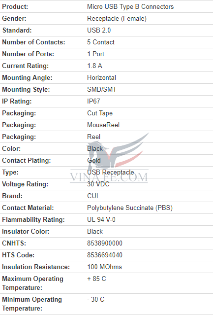 Cổng Micro USB2.0 Type B Cái UJ2-MIBH-3-MSMT-TR-67